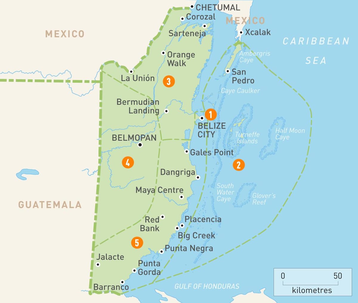 Kort af Belize og nærliggjandi löndum