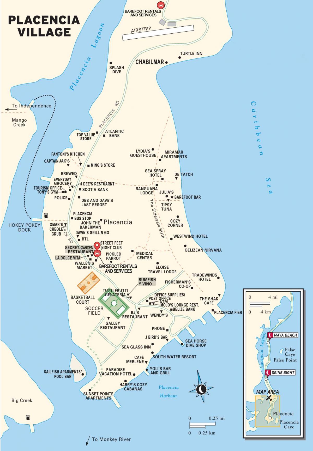 kort af placencia þorpinu Belize