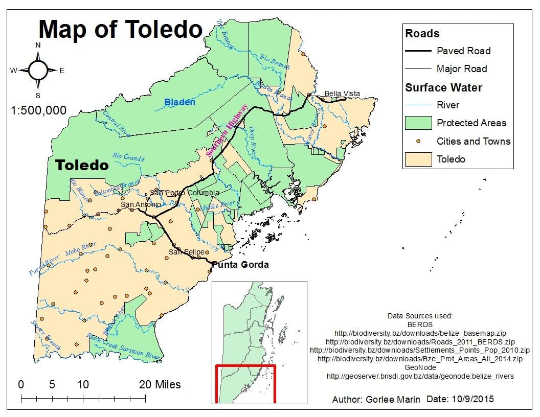 kort af toledo umdæmi Belize