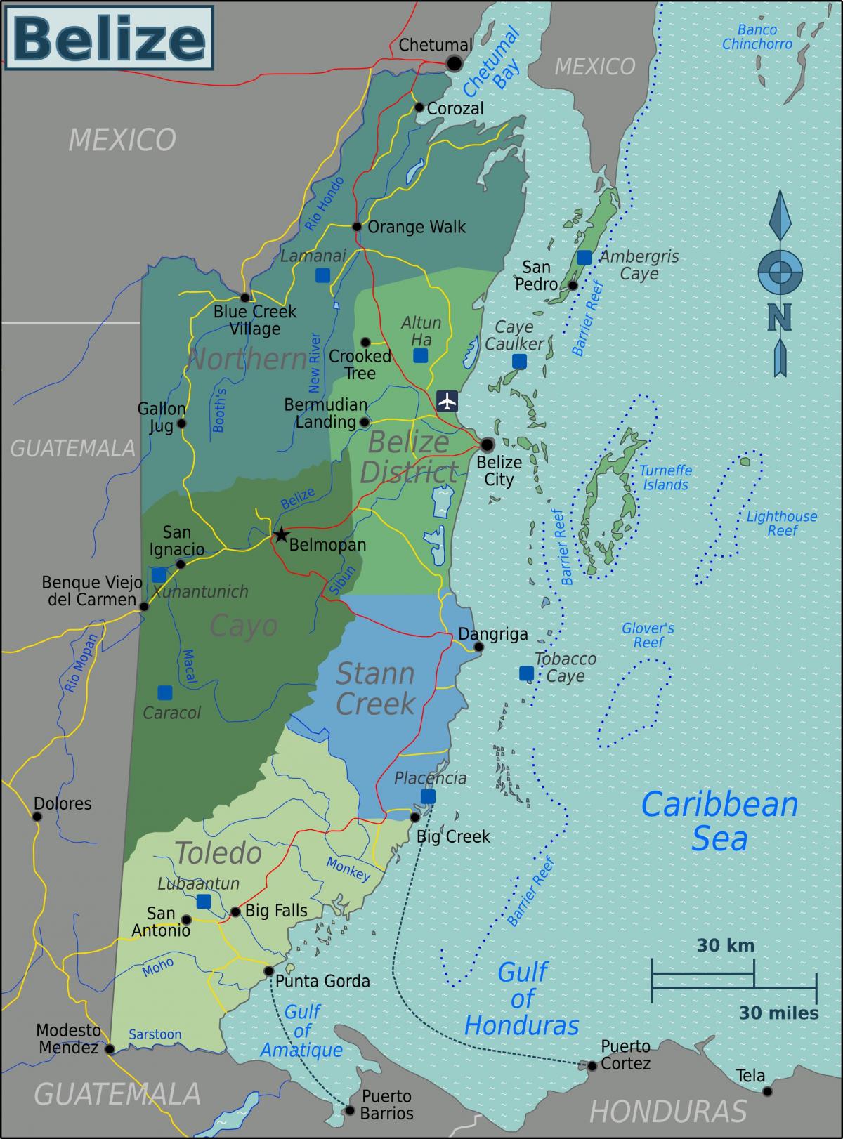 Kort af uppskeru caye Belize